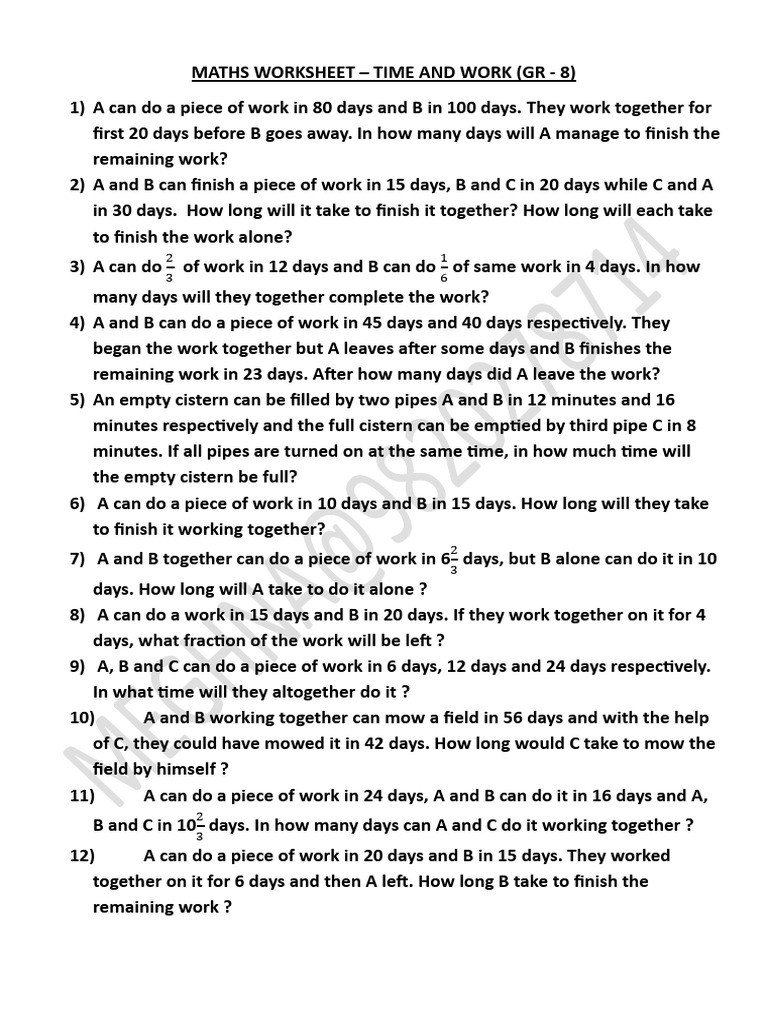 Maths Worksheet - Time and Work + Data Handling + Probability (GR - 8 ...