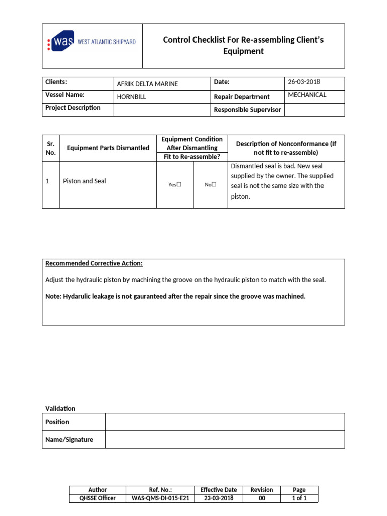 Equipment Reassembly Control Checklist | PDF