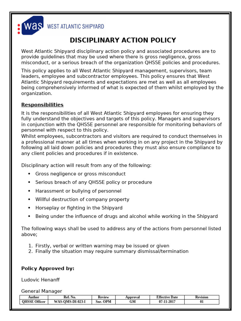 Disciplinary Action Policy WAS QMS DI 023 I | PDF
