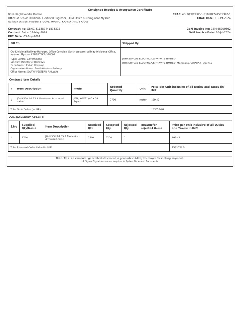 Indian Railways Contract Details | PDF | Invoice | Receipt