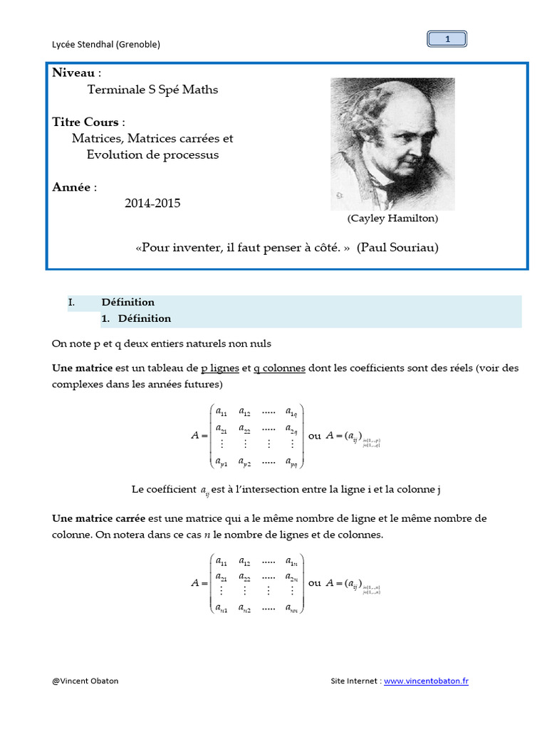 Cours sur les Matrices et leurs Opérations | PDF | Matrice ...