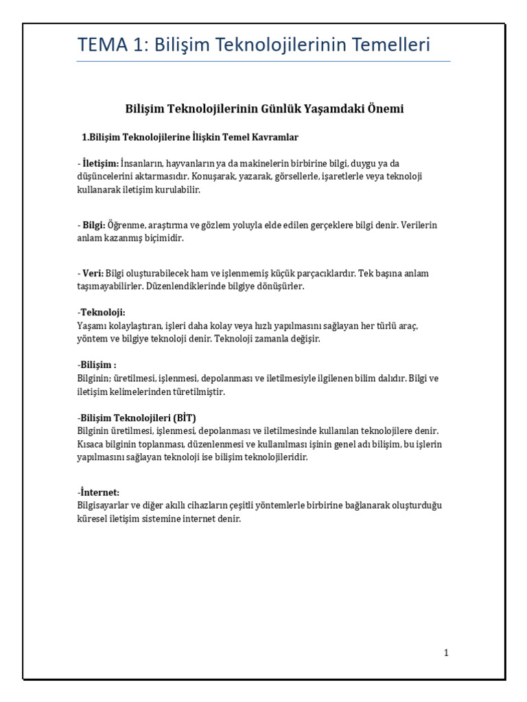 Bilisim Teknolojileri Ders Notu Hafta 1 2 | PDF