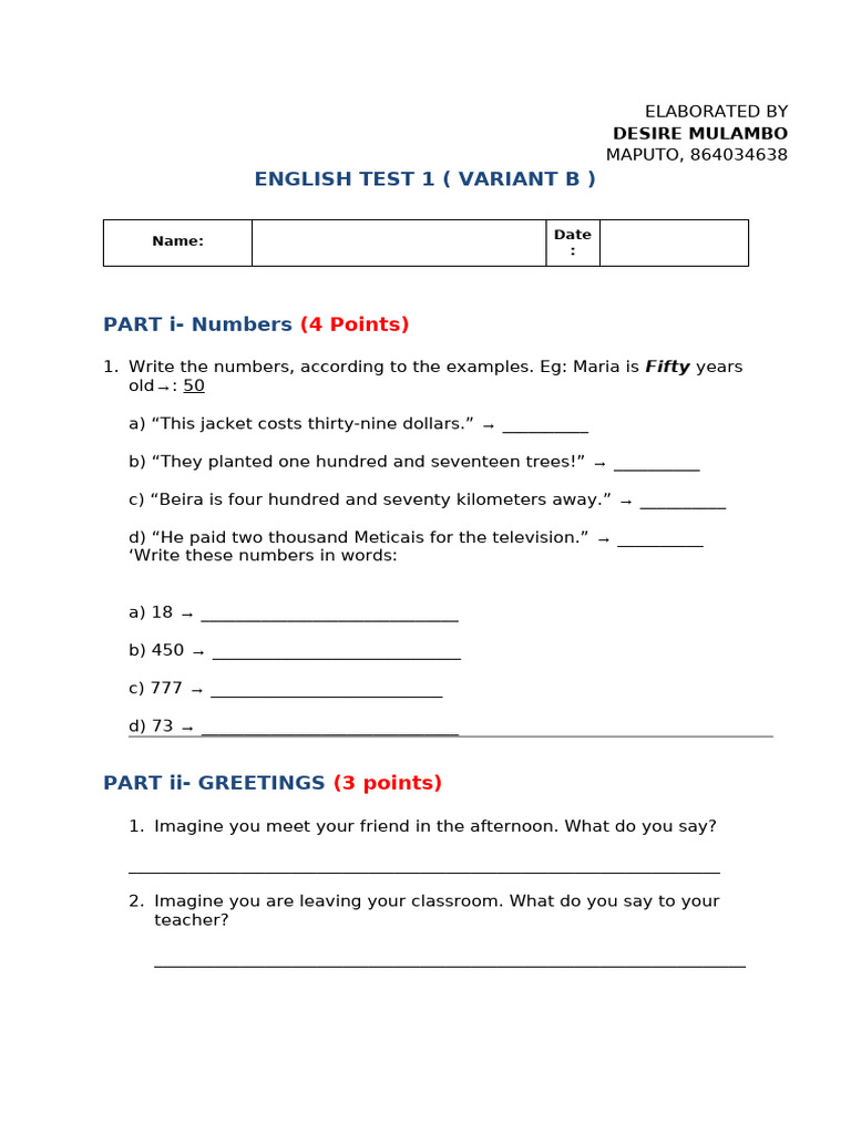 English Test 1: Numbers, Greetings, Tenses | PDF
