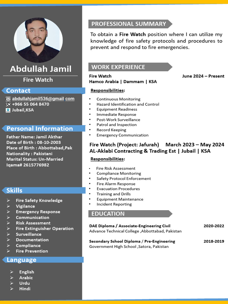Fire Watch Resume of Abdullah Jamil | PDF | Fire Safety | Safety