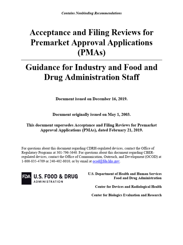 PMA Application Acceptance Guidance | PDF | Food And Drug Administration