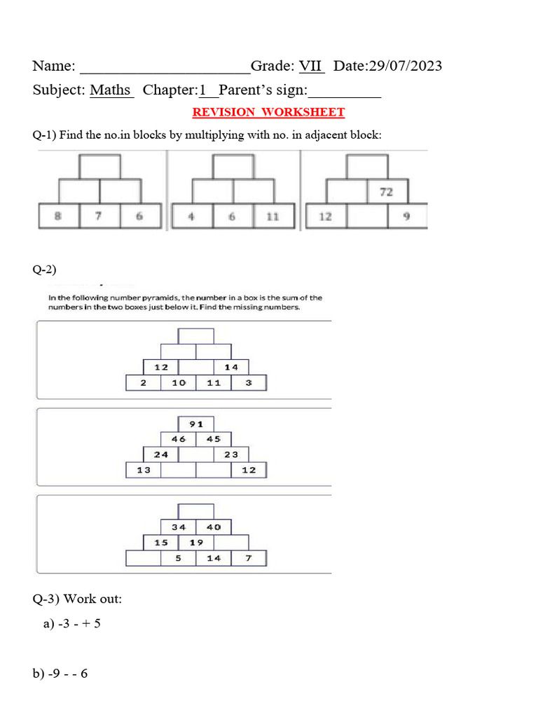 Grade VII Maths Revision Worksheet | PDF