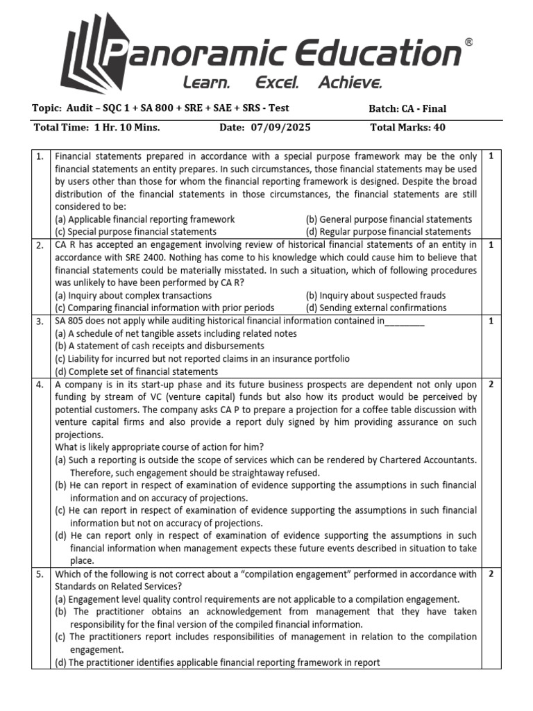 CA-final May 26 & Nov 26 - Audit - Sa 800 + Sre + Sae + Srs - Test ...