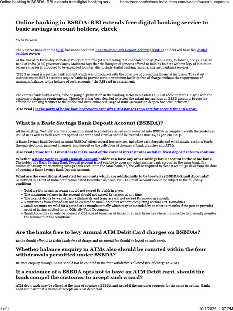 RBI Expands Digital Services for BSBDA | PDF | Reserve Bank Of India ...