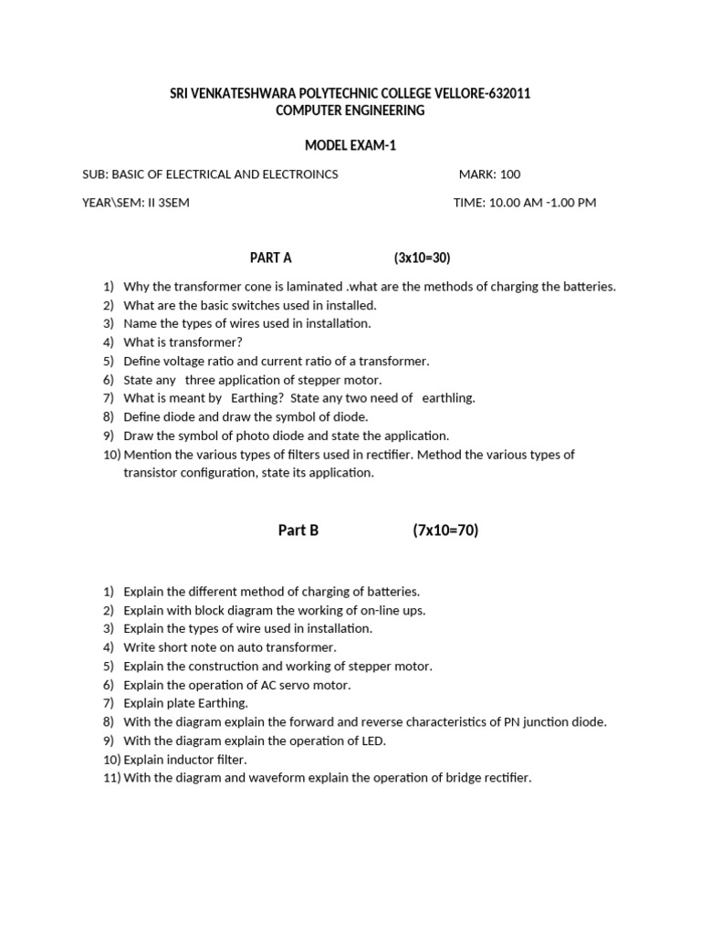 Model Exam: Basics of Electrical & Electronics | PDF