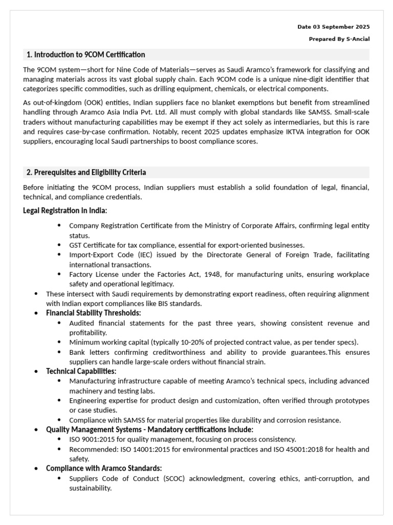 9COM Certification Guide for Indian Suppliers | PDF | Audit | Supply Chain