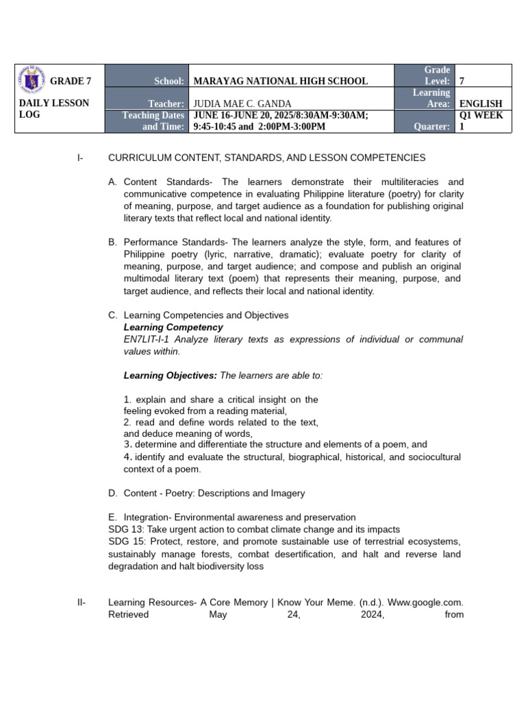 Grade 7 English Poetry Lesson Plan | PDF | Poetry | Emotions