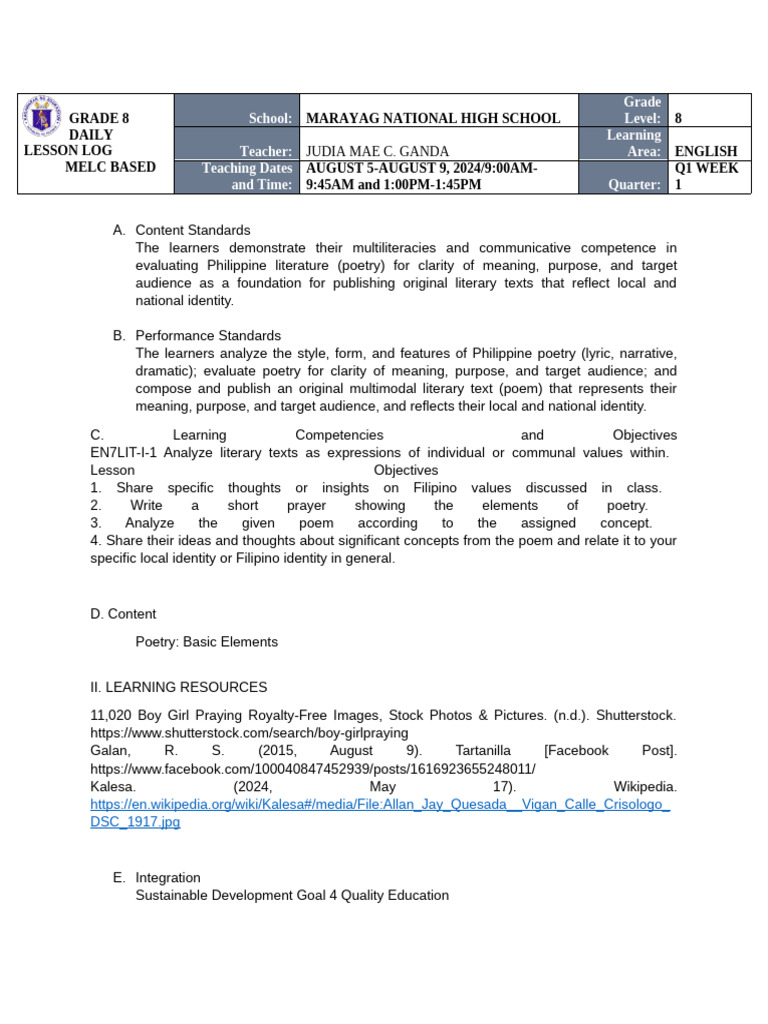 Grade 8 English Poetry Lesson Plan | PDF | Poetry | Human Communication