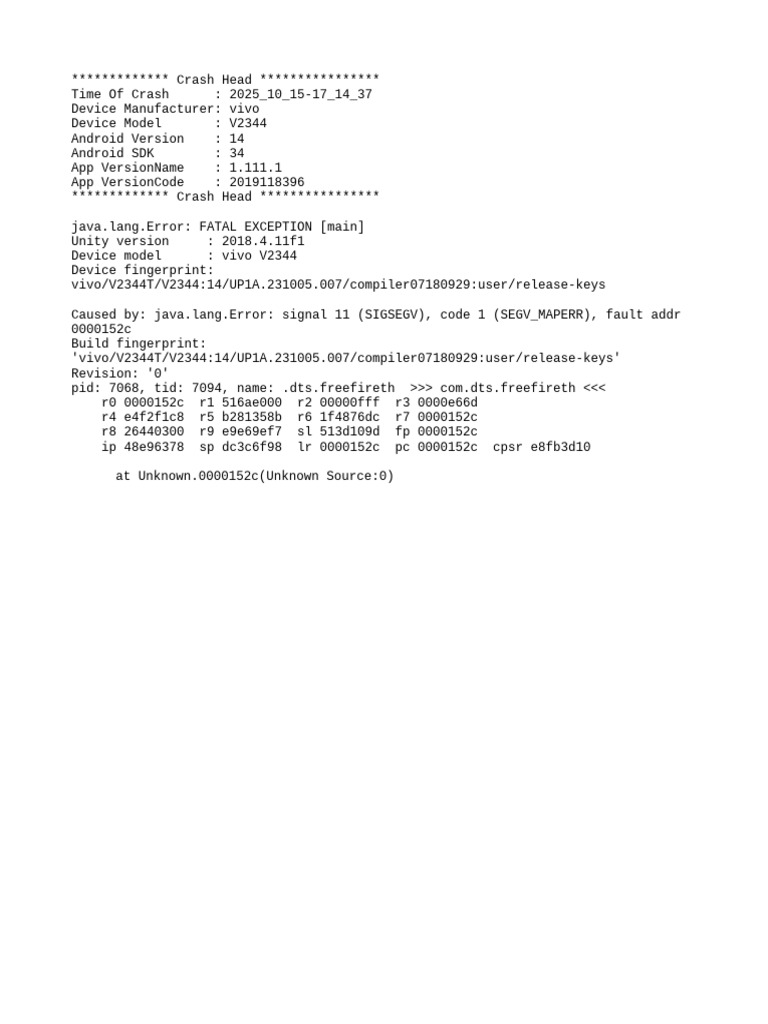 vivo V2344 Crash Log Analysis | PDF