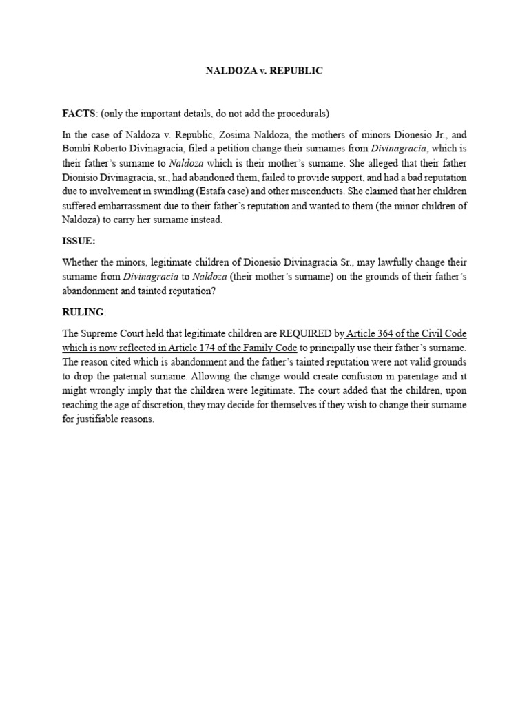 Naldoza v. Republic: Surname Change Case | PDF