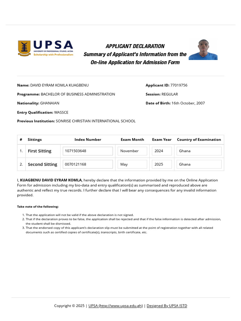 Applicant Information for UPSA Admission | PDF