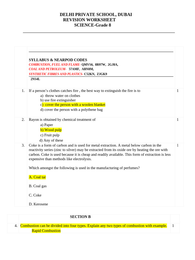 Answer Key Chemistry GR 8 SA1 Sample Paper | PDF | Combustion | Fires