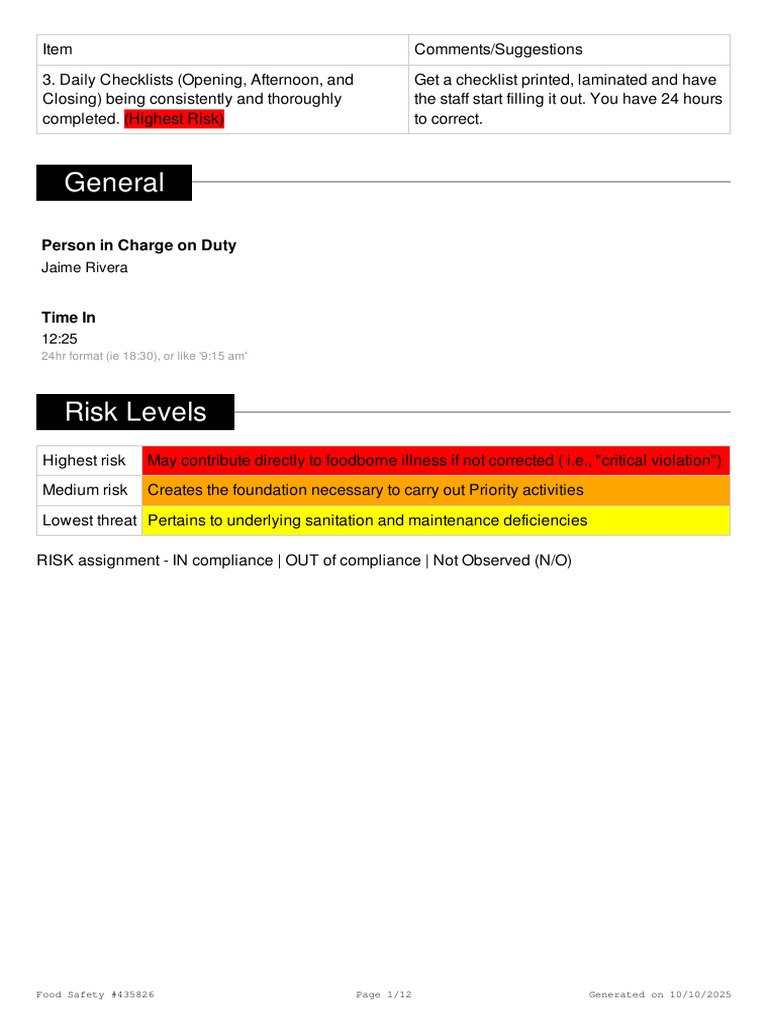 Food Safety Checklist and Compliance Report | PDF | Food Safety | Food ...