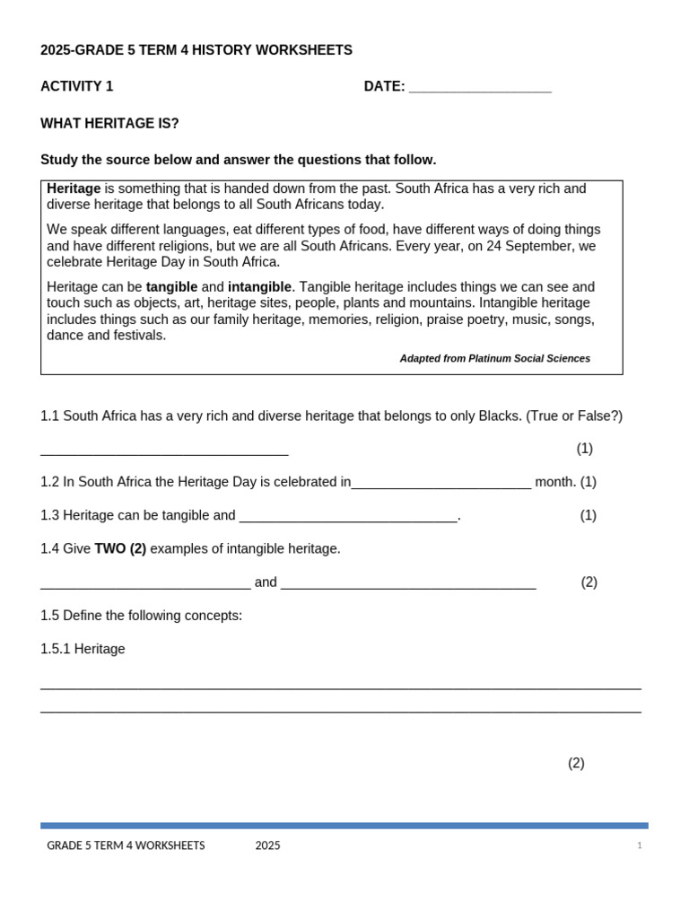 Grade 5 Term 4 History Worksheets | PDF