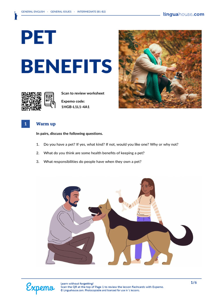 Pet Benefits American English Teacher B1 B2 | PDF | Pet | Vocabulary