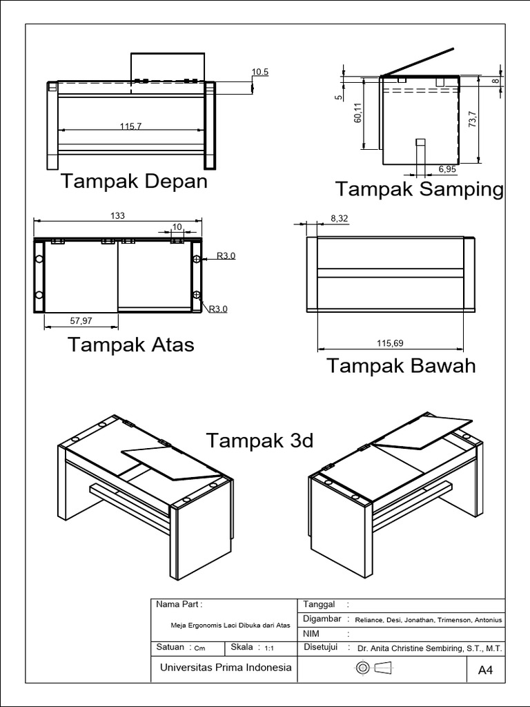 Meja Ergonomis Laci Atas 1:1 Desain 3D | PDF