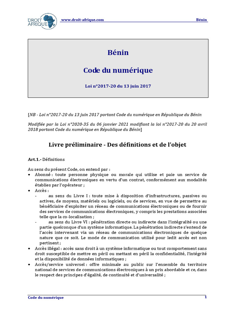 Code du Numérique au Bénin 2021 | PDF | Informatique | Radio