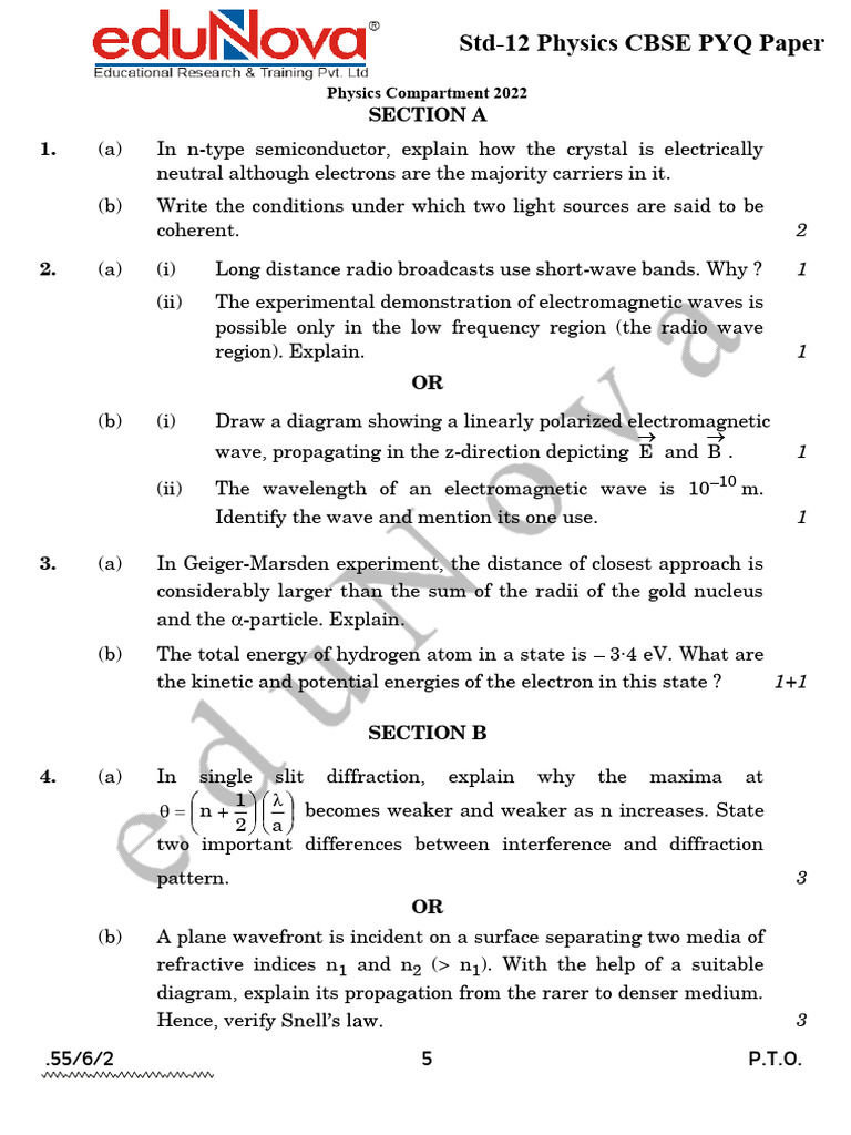 Physics Compartment Exam Paper 2022 | PDF | Capacitor | Electromagnetic ...