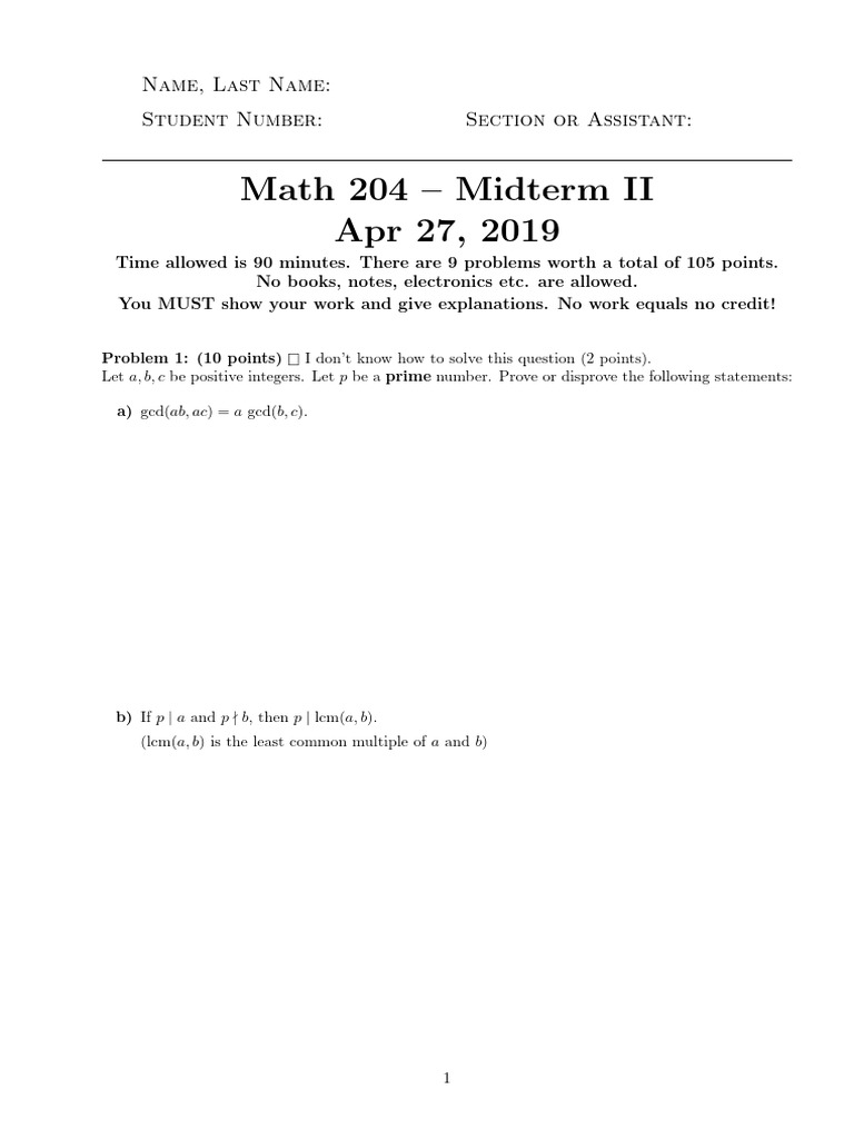 Math 204 Midterm II Exam Questions | PDF | Arithmetic | Discrete ...