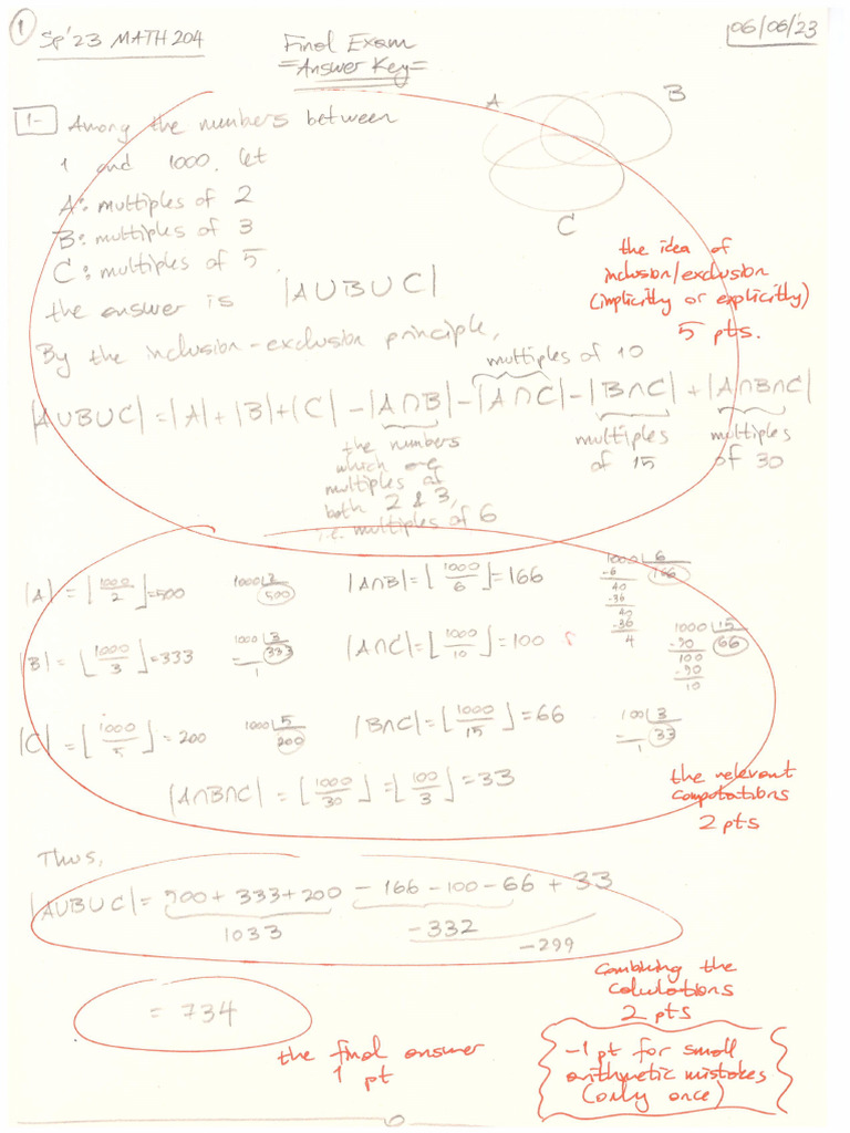 SP 23 MATH 204 Final Exam Answer Key | PDF
