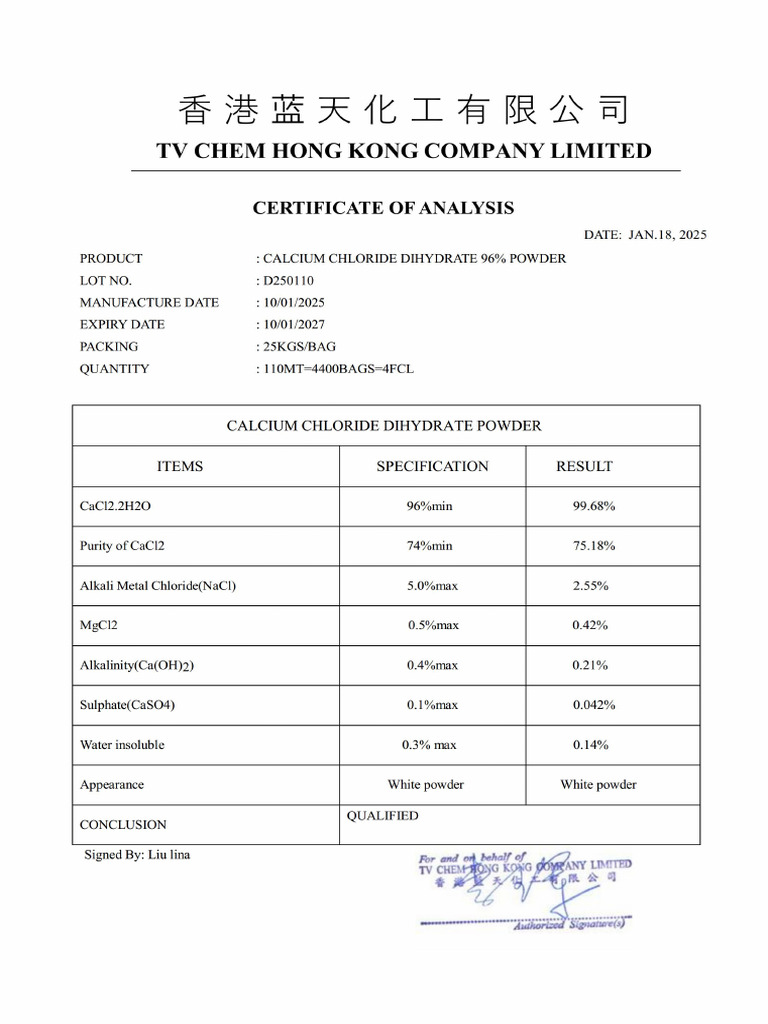 Cacl2 - Calcium Chloride 74% (TQ) - Coa TV Chem (10-01-2025) Lot No ...