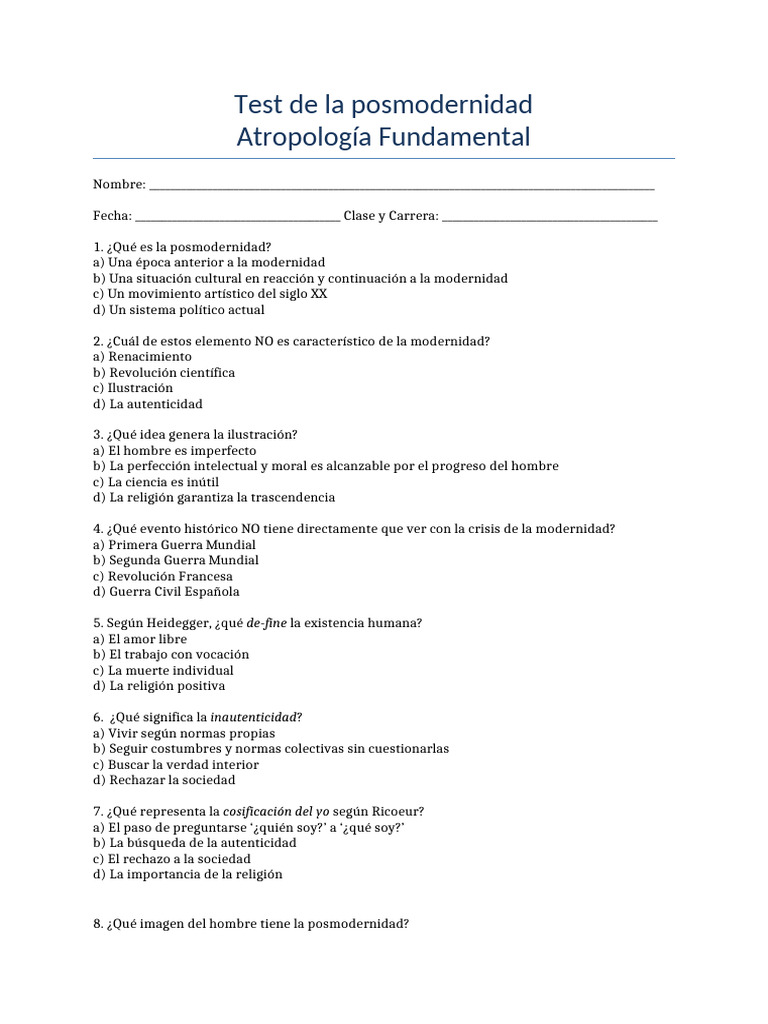 Test sobre la posmodernidad y sus conceptos | PDF | Modernidad | Era de ...