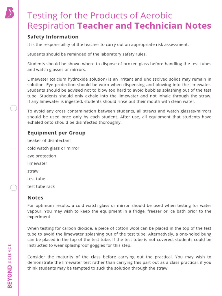 Testing For The Products of Aerobic Respiration Teacher and Technician ...