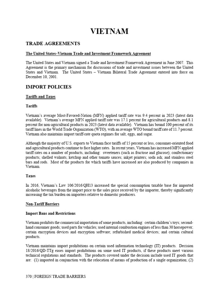 Vietnam Trade Barriers Overview 2023 | PDF | Office Of The United ...