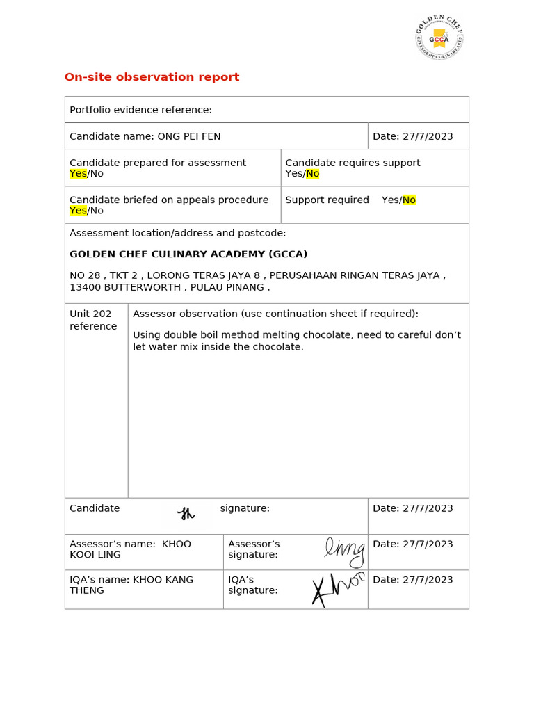 On-Site Culinary Assessment Report | PDF