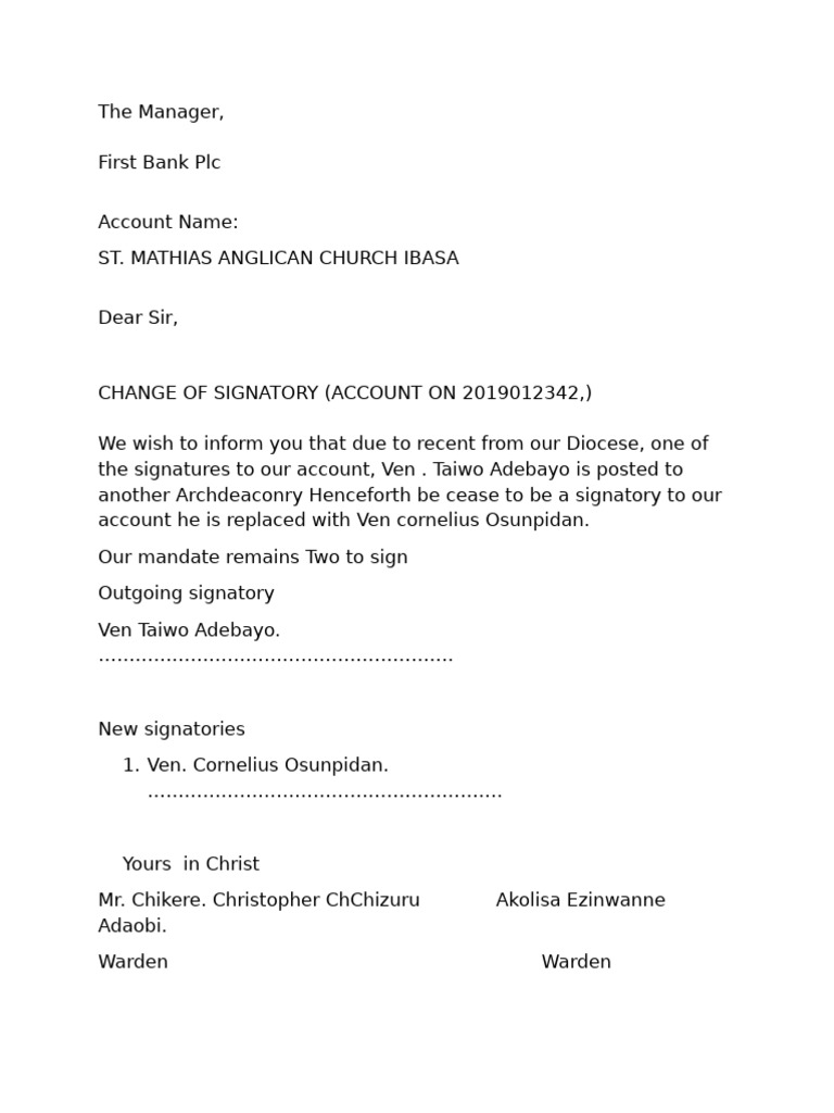Change of Signatory for Church Account | PDF