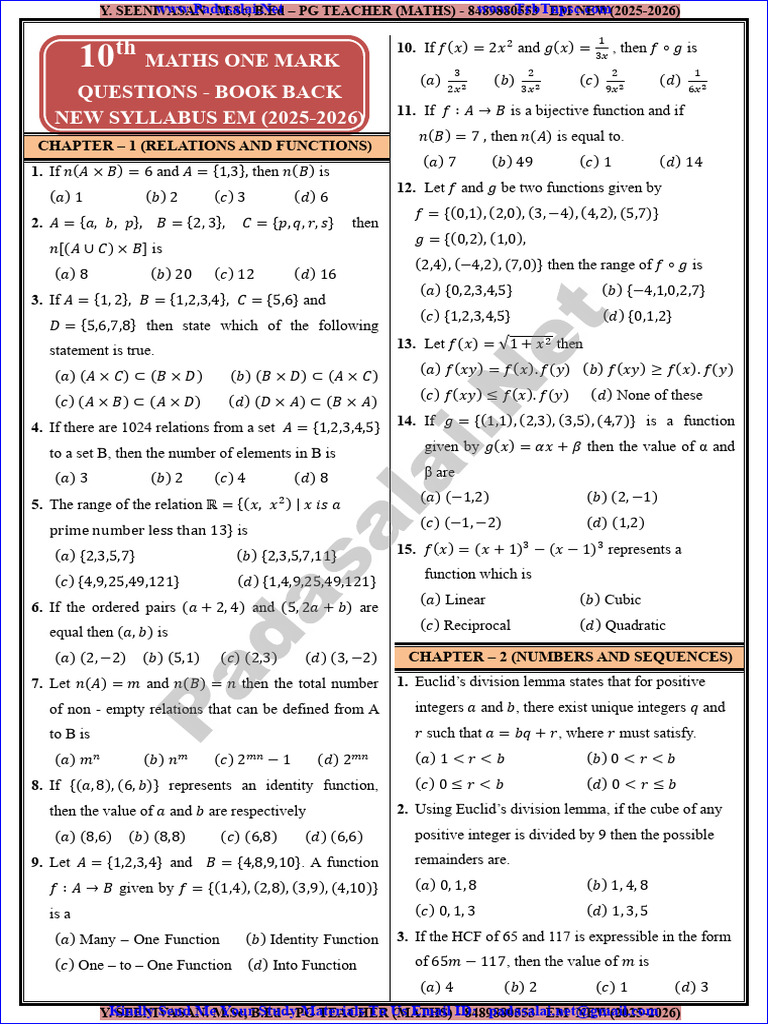 10th Grade Maths One Mark Questions | PDF | Number Theory | Mathematics