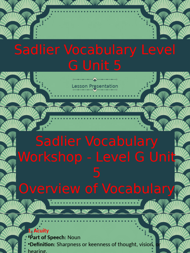 Level G Unit 5 Vocabulary Overview | PDF | Part Of Speech | Adjective
