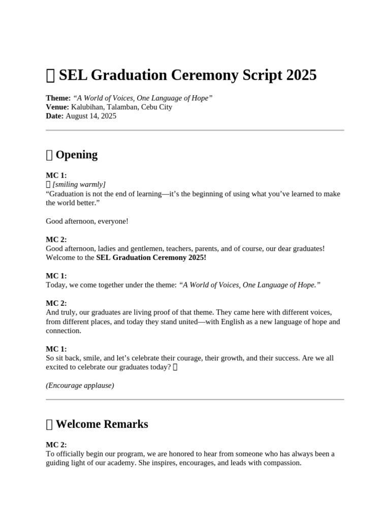 ? SEL Graduation Ceremony Script 2025 | PDF