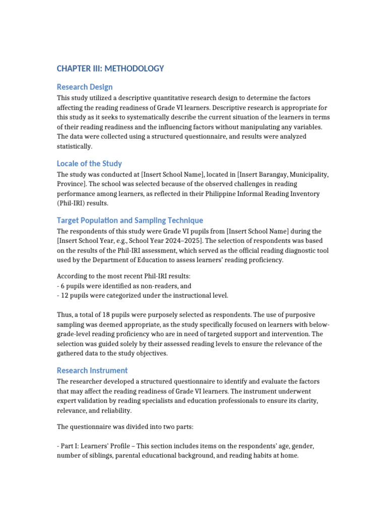 Methodology Chapter Reading Readiness | PDF | Methodology | Questionnaire