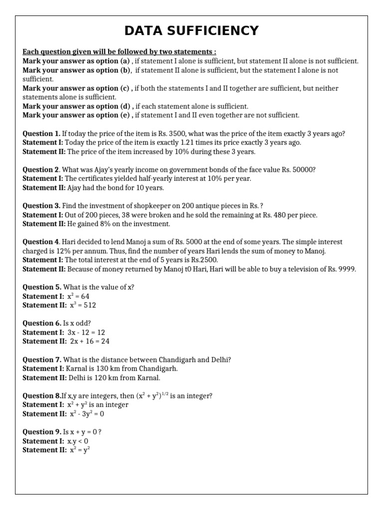 Data Sufficiency Practice Questions | PDF | Interest