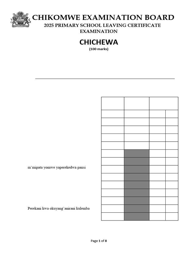 2025 Chichewa Primary Exam Paper | PDF