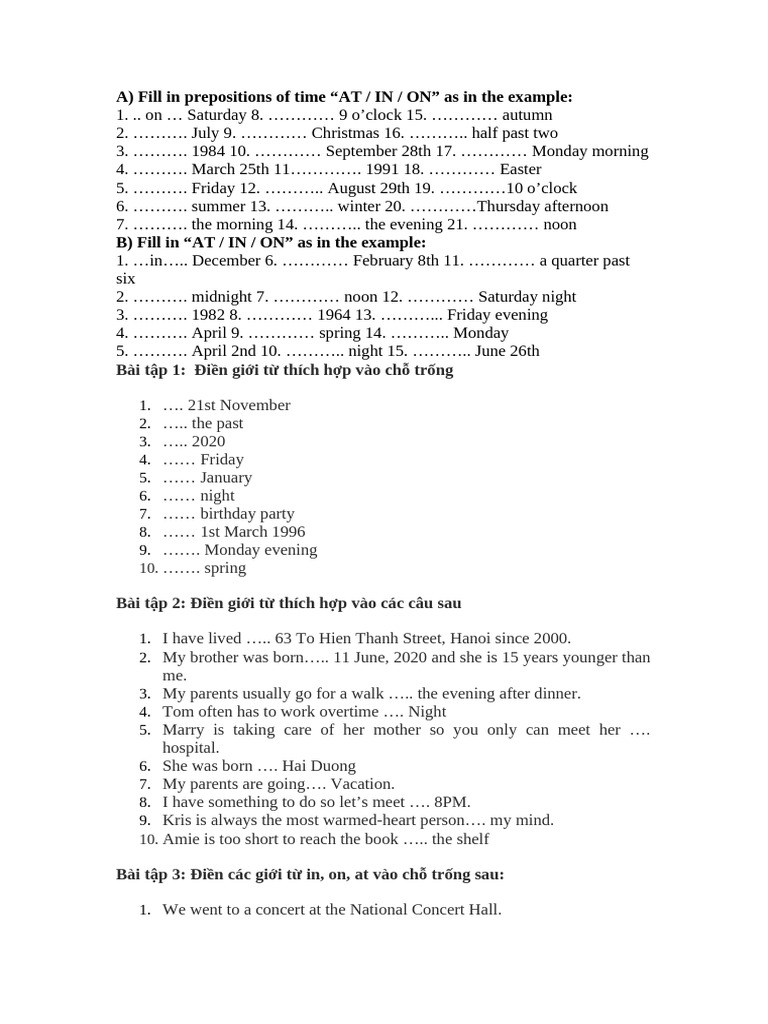Prepositions of Time Practice Exercises | PDF