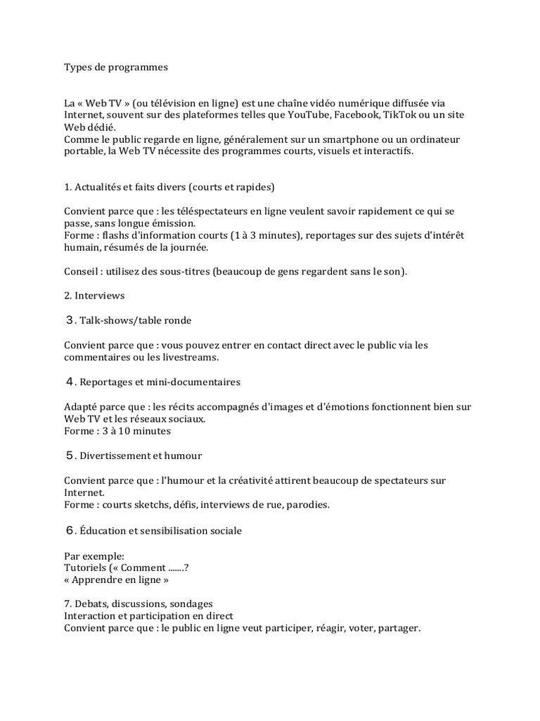 Programmes Web TV : Types et Formats | PDF