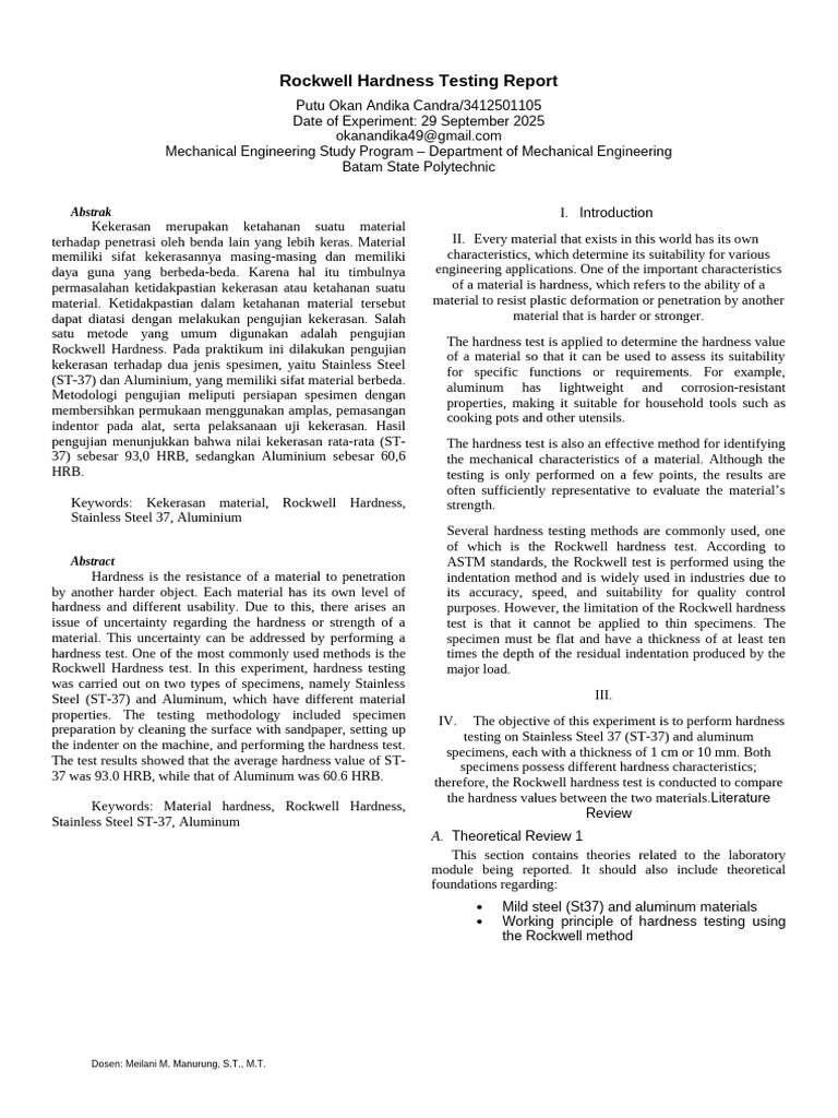 Rockwell Hardness Test Results: ST-37 vs Aluminum | PDF | Hardness ...