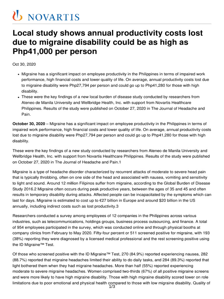 Local Study Shows Annual Productivity Costs Lost Due To Migraine ...