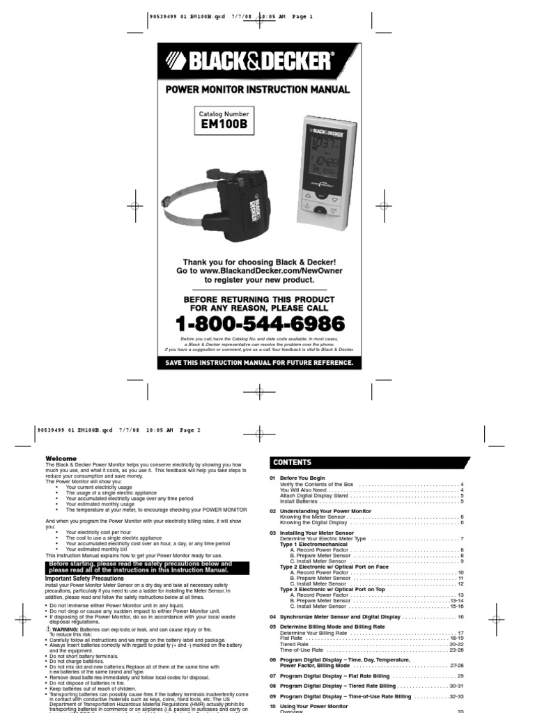 EM100B Power Monitor Instruction Manual PDF Kilowatt Hour Home