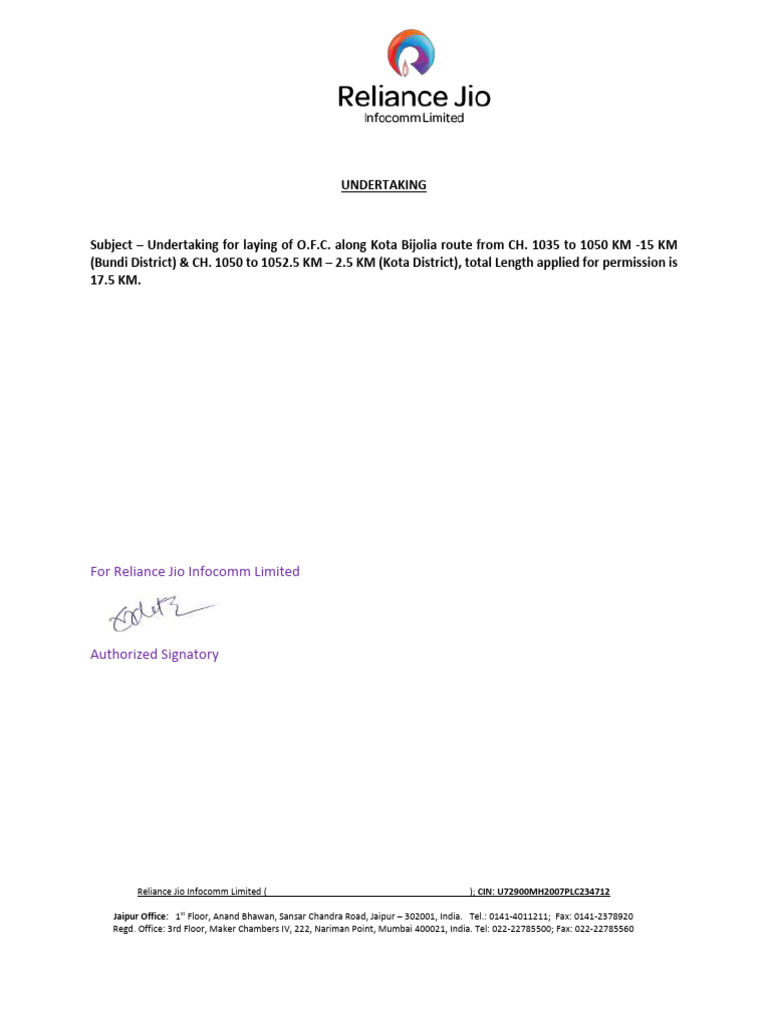 Reliance Jio OFC Laying Undertaking | PDF