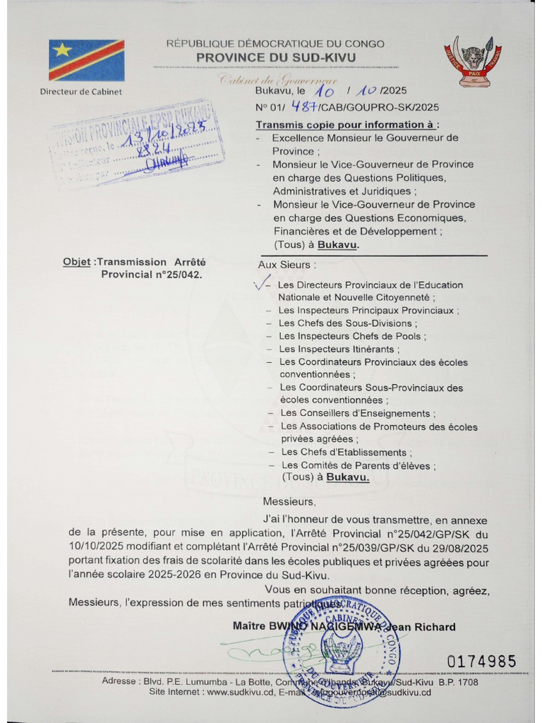 Arreté Modifié Et Complété, Frais Scolaire Sud Kivu. | PDF