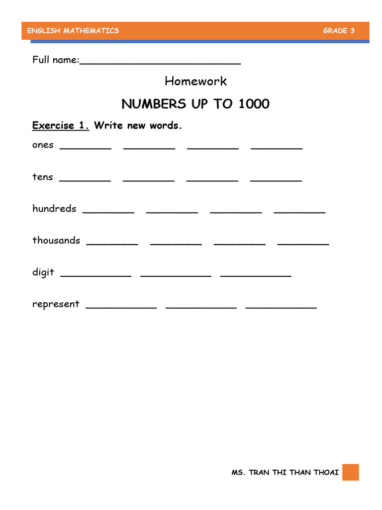 HOMEWORK - Numbers Up To 1000 | PDF