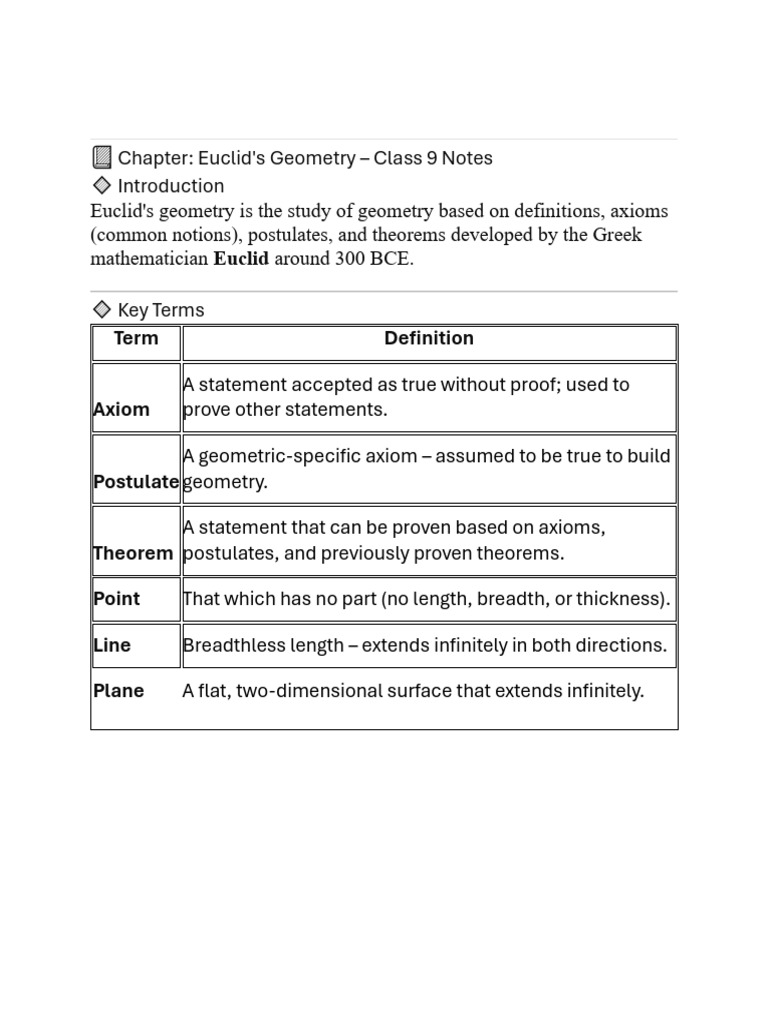 Euclid's Geometry Class 9 Notes | PDF | Line (Geometry) | Axiom