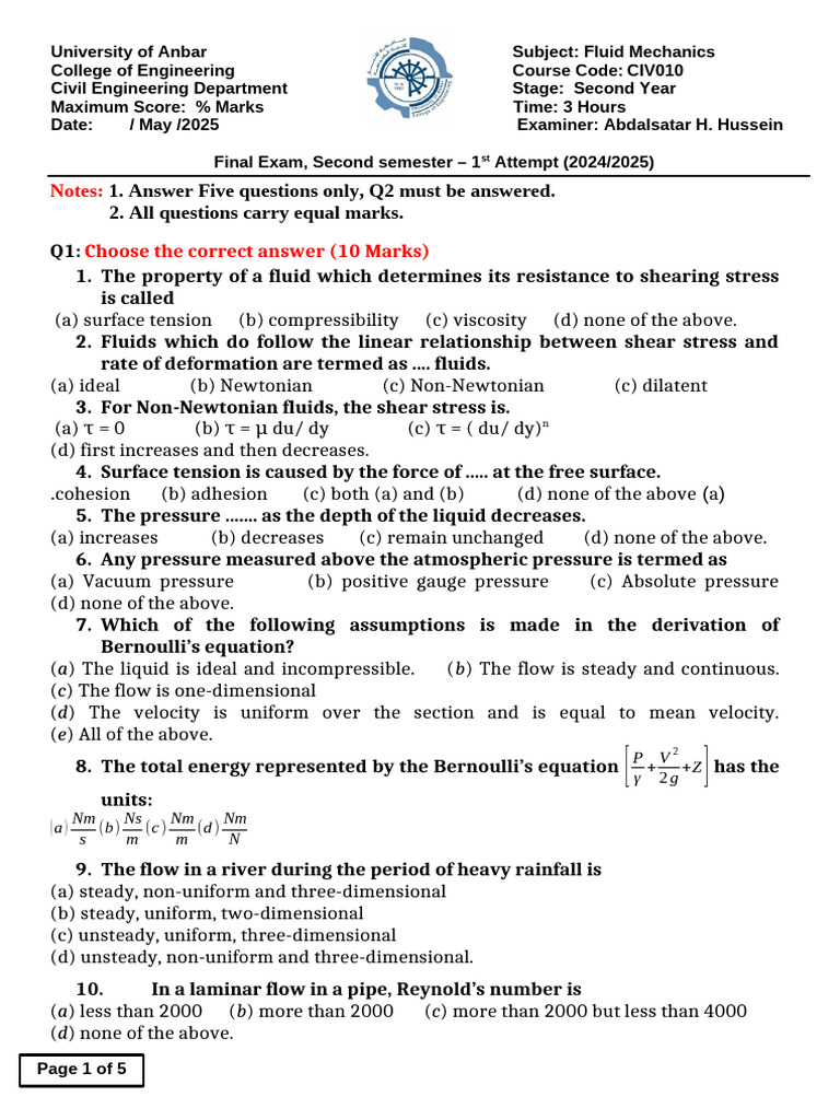 Fluid Mechanics Final Exam Questions | PDF | Fluid Dynamics | Pressure
